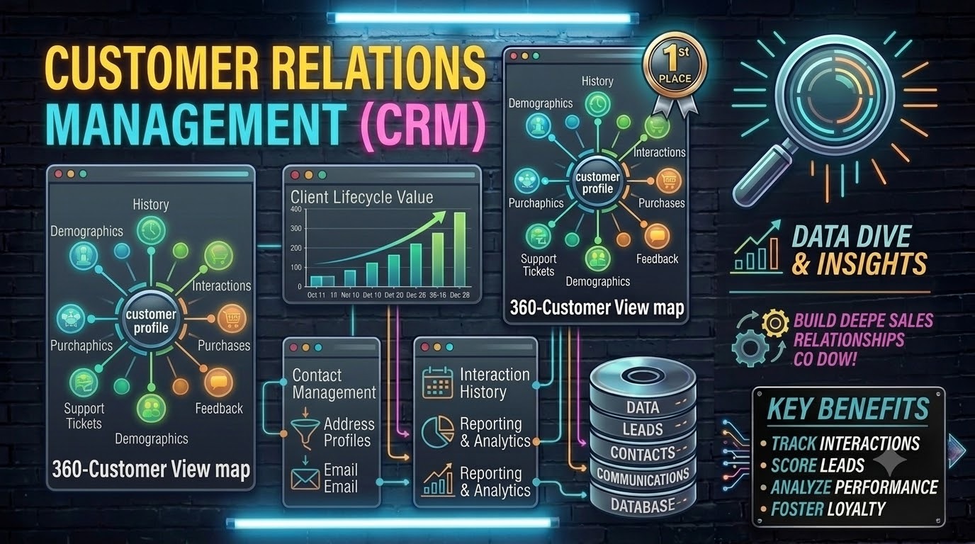 CRM infographic showing a 360-degree customer profile map, a rising client lifetime value chart, contact management tools, and a key benefits list for tracking interactions and scoring leads