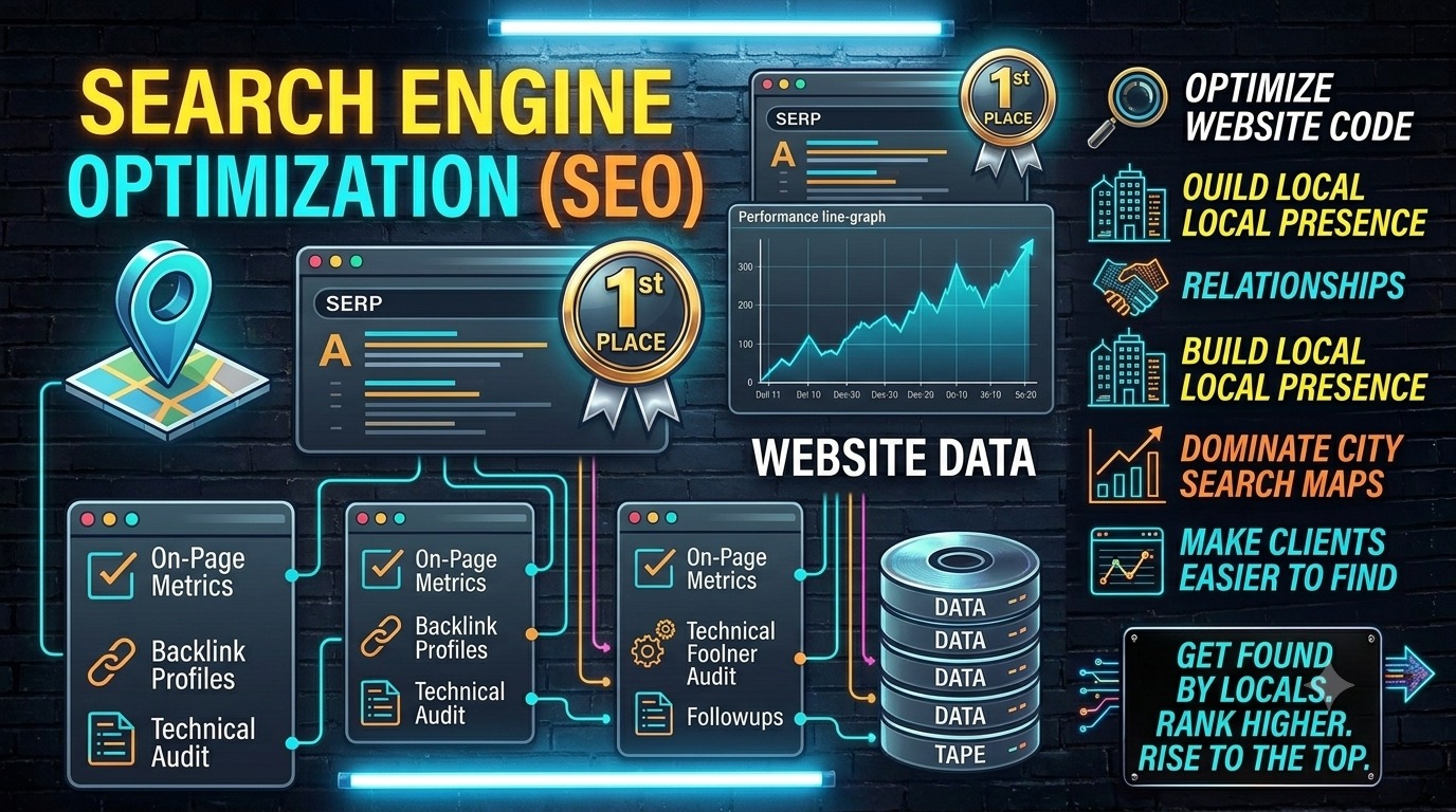 SEO infographic showing a search results page ranked first place, a rising performance line graph, and a checklist of on-page metrics, backlinks and technical audits