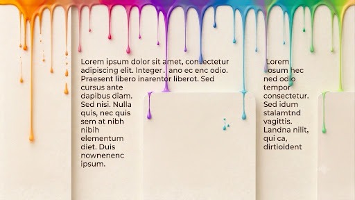 Website layout concept with stacked text blocks and a rainbow paint-drip graphic across the top edge