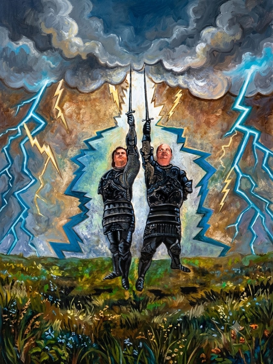 Custom painted portrait of two people depicted as knights raising swords into a lightning storm