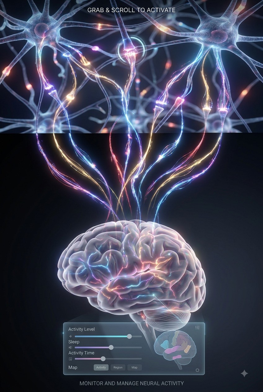 App concept screen showing a glowing brain and neuron illustration above an activity-tracking dashboard