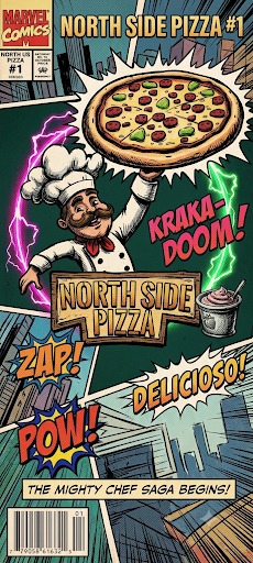 Comic book style cover illustration titled 'North Side Pizza issue 1' featuring an illustrated chef holding a pizza
