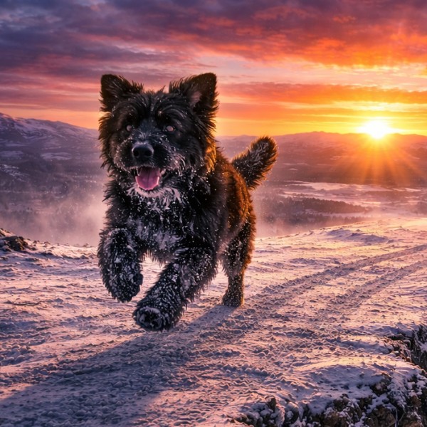 Stylized digital portrait of a dog running across snow at sunset