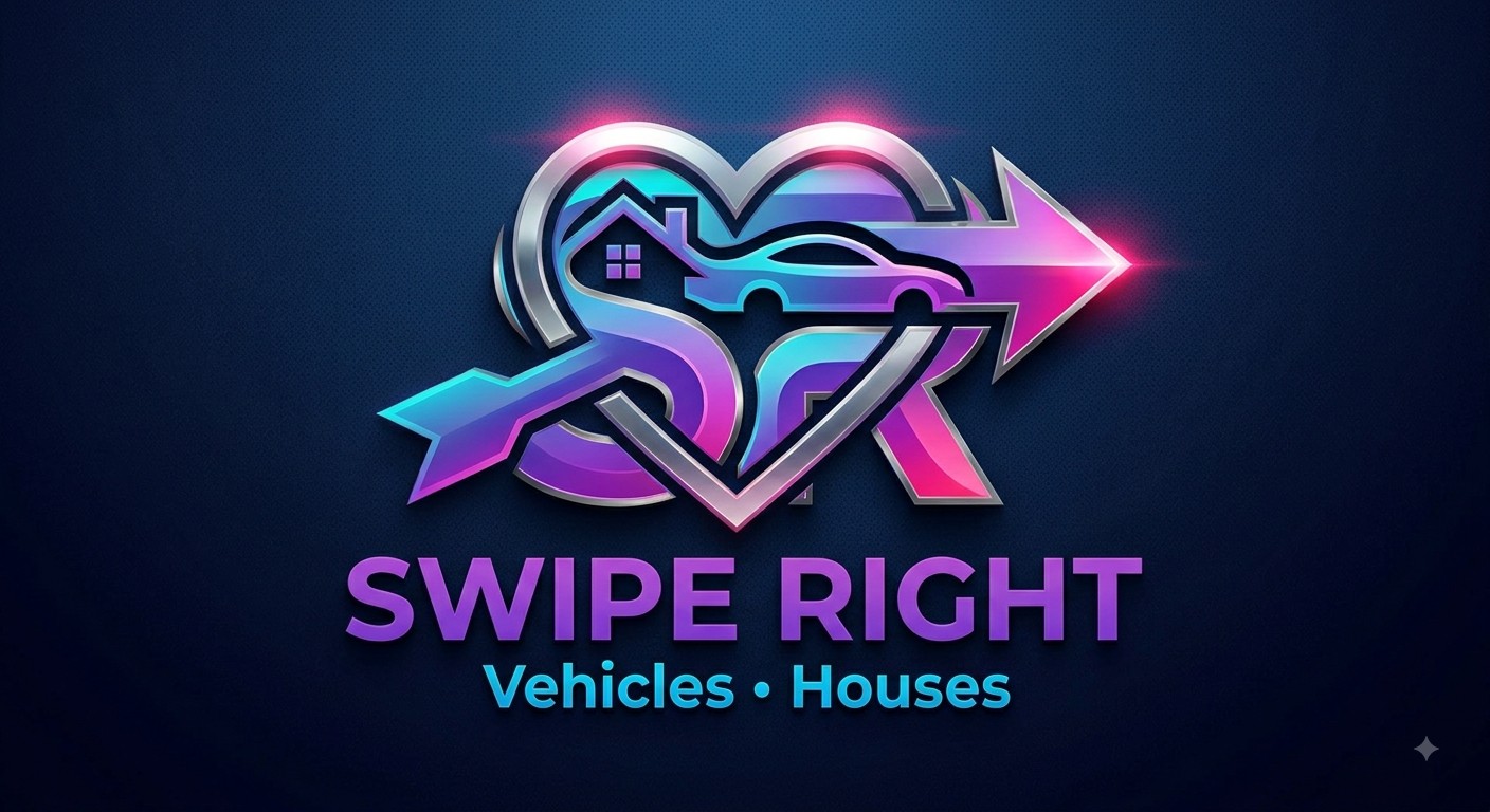 Swipe Right logo featuring a heart, house, and car merged into one mark, for a vehicles and houses marketplace